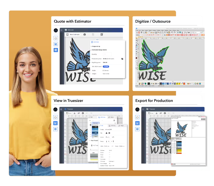 Hatch Embroidery software workflow for digitizing and exporting an embroidery design.