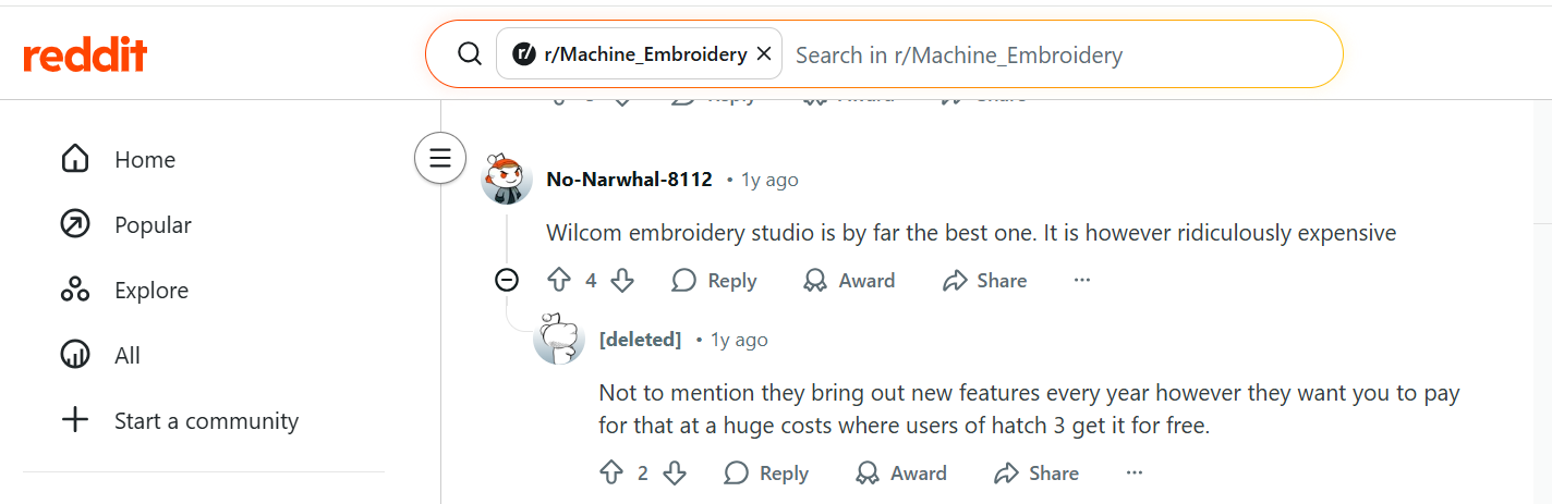 Reddit users comments about Wilcom Embroidery Software quality and price 