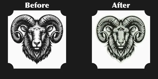 Before and after comparison of a ram head artwork converted into an embroidery-ready patch design
