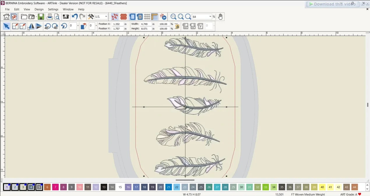 ARTlink software displaying feather embroidery design inside a selected hoop. ARTlink software displaying feather embroidery design inside a selected hoop.