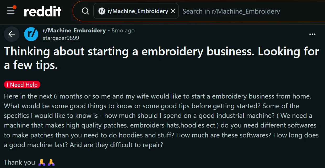 A beginner asks a Reddit machine embroidery community about equipment, software, repair costs, and starting a home business. A beginner asks a Reddit machine embroidery community about equipment, software, repair costs, and starting a home business.