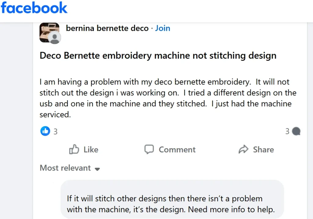 Facebook embroidery group post about a Bernette machine not stitching one design from a USB drive. Facebook embroidery group post about a Bernette machine not stitching one design from a USB drive.