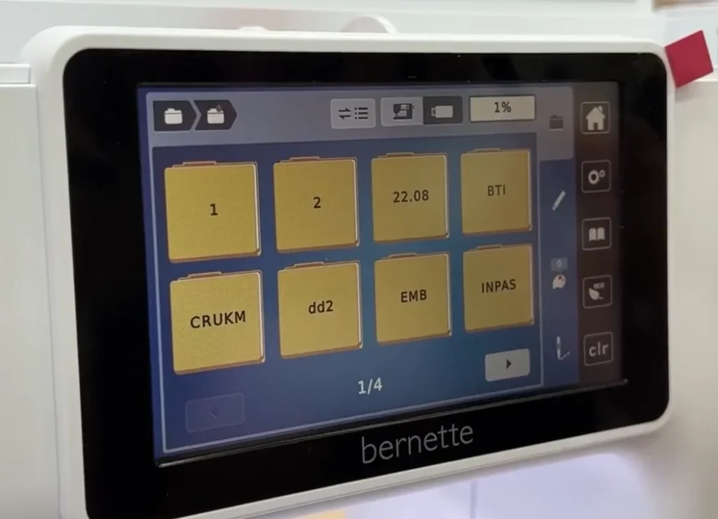 Loading embroidery designs onto a Bernette machine from a USB drive. Loading embroidery designs onto a Bernette machine from a USB drive.