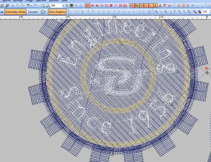 The stitch view shows the coordinates, directions, jumps, and sewing sequence an embroidery machine follows.