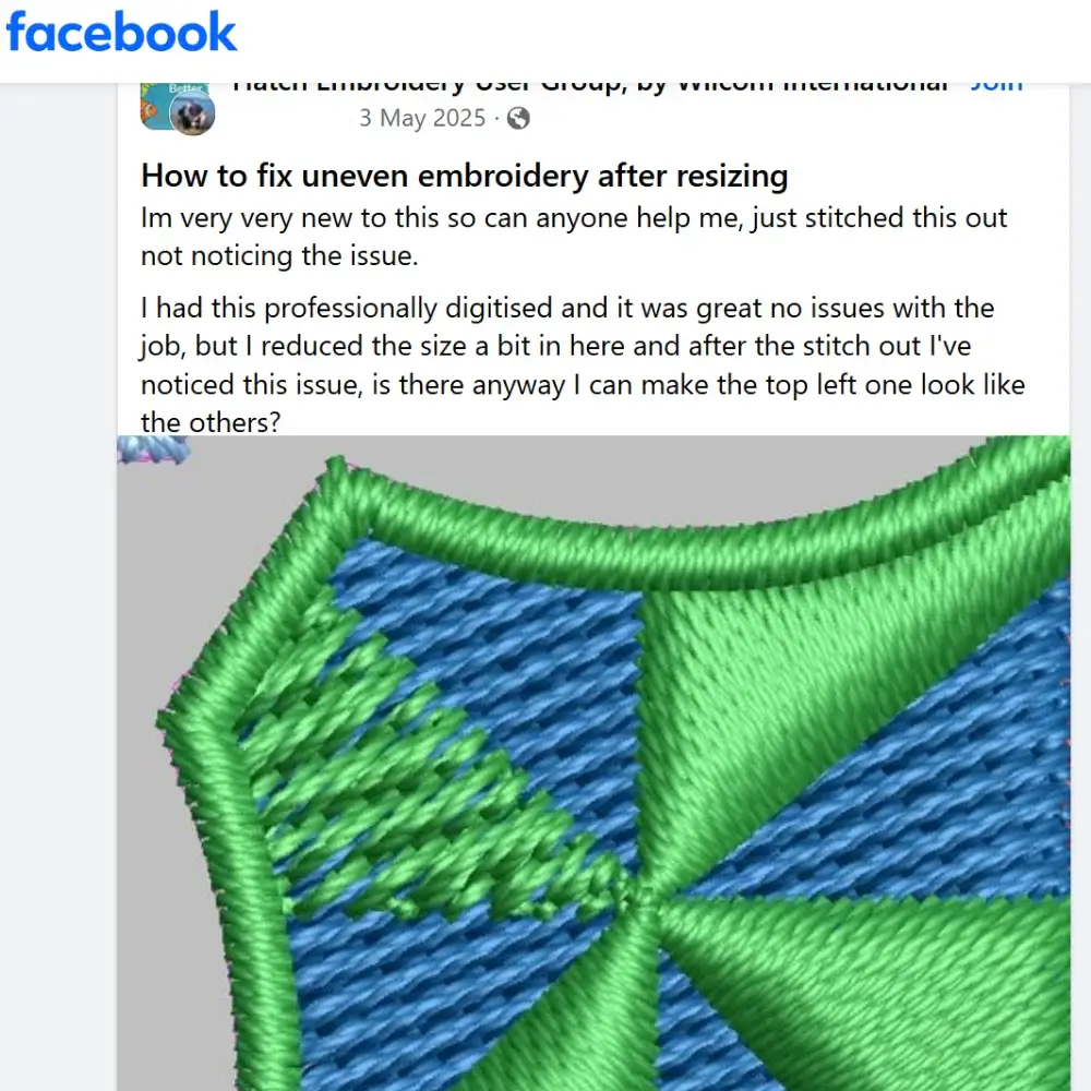 Embroidery design showing uneven stitches after resizing smaller. Embroidery design showing uneven stitches after resizing smaller.