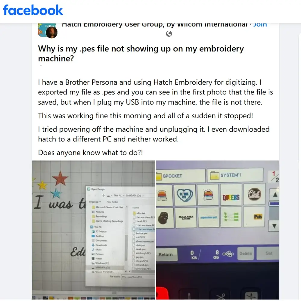 Facebook embroidery group post about a PES file not showing on the machine.
