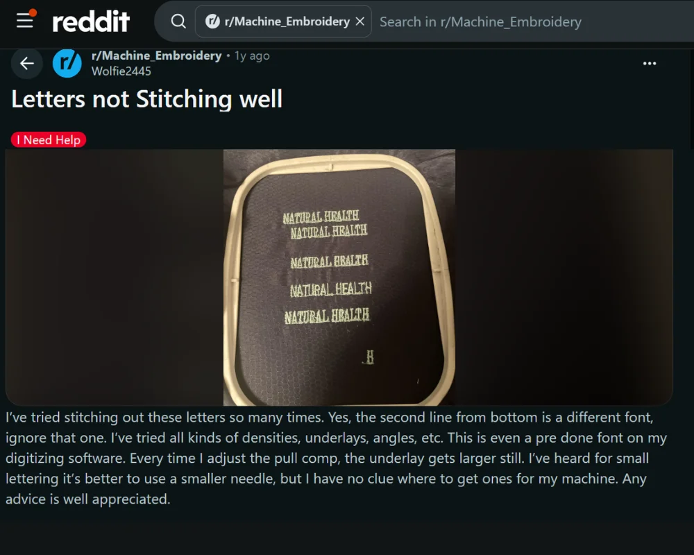 Reddit post showing small embroidered lettering with uneven stitch quality on dark fabric.