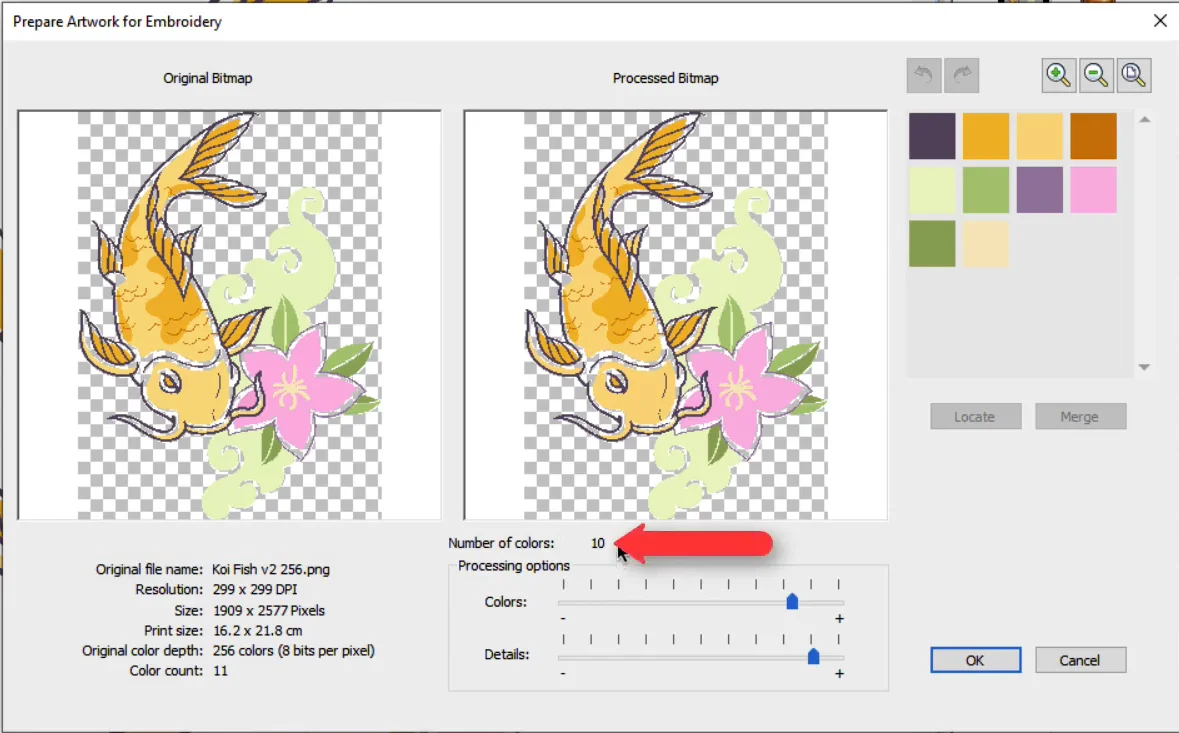 Artwork preparation screen simplifying colors before digitizing