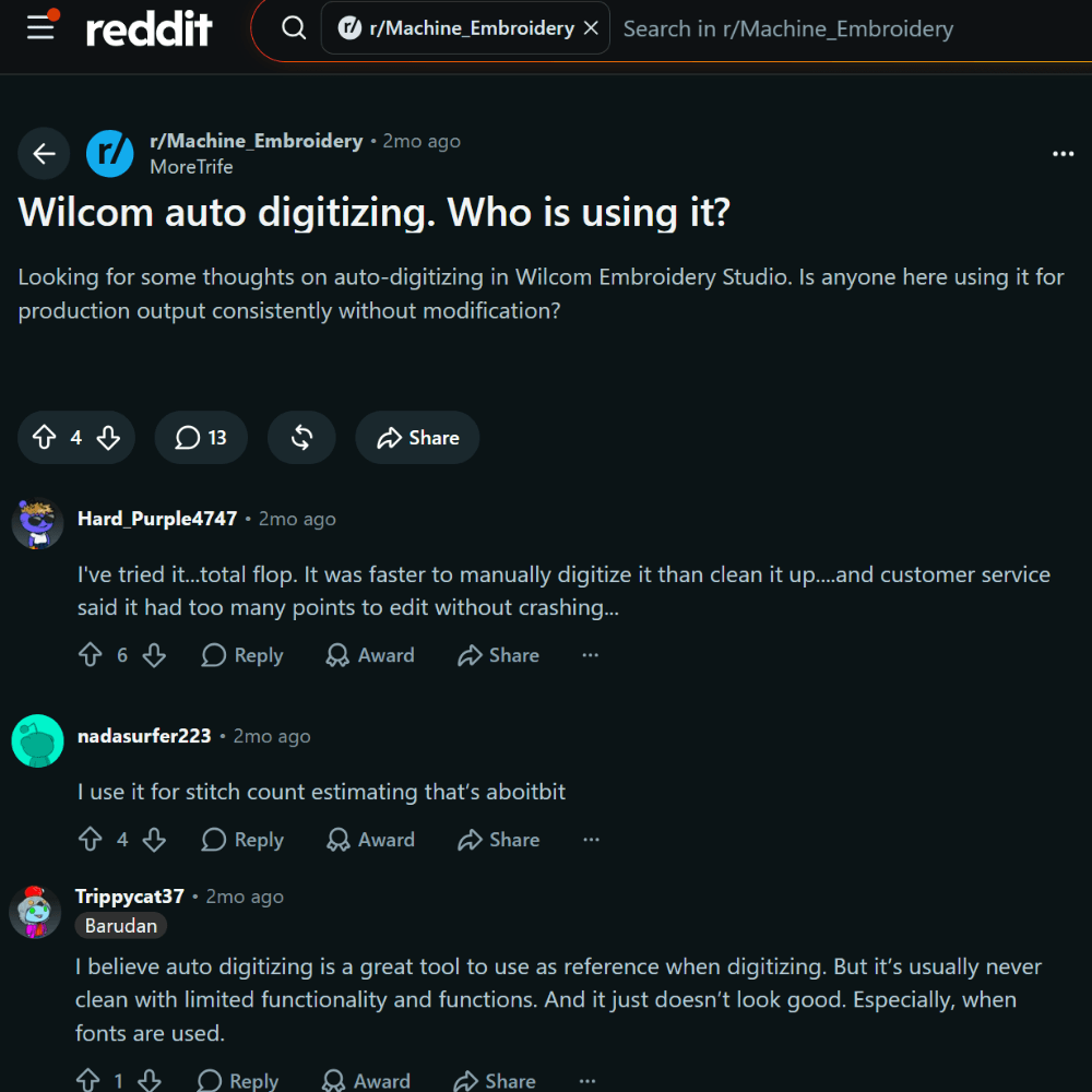 Reddit discussion about Wilcom auto-digitizing results and manual cleanup