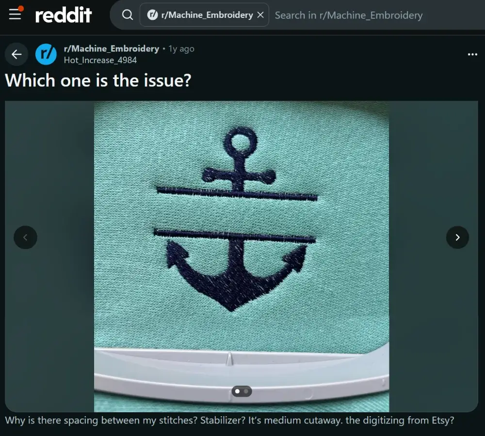 Reddit embroidery community post showing spacing and gaps between stitches in an anchor design.