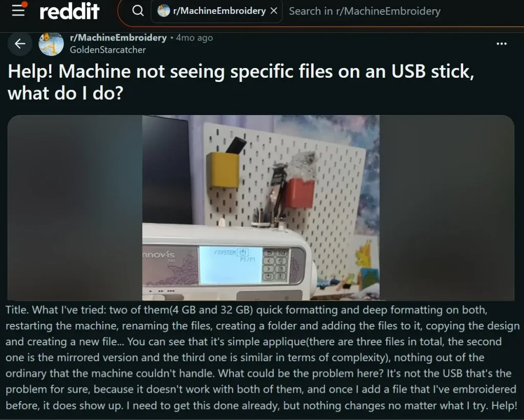 A user in the Reddit Machine Embroidery community shared a common problem: some embroidery files were not appearing on the machine from a USB drive.