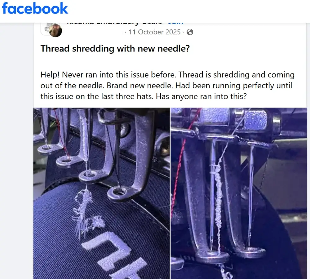 Facebook embroidery group post showing thread shredding around an embroidery machine needle during hat stitching.