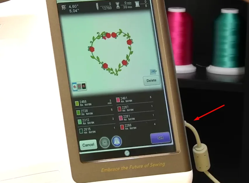 Embroidery design transferred directly from a computer to an embroidery machine using a USB cable.