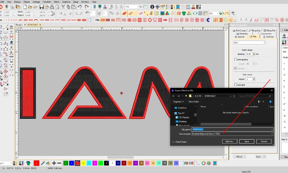 Converting JEF to PES in Wilcom embroidery software.