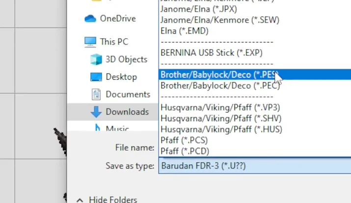 Save as PES embroidery file