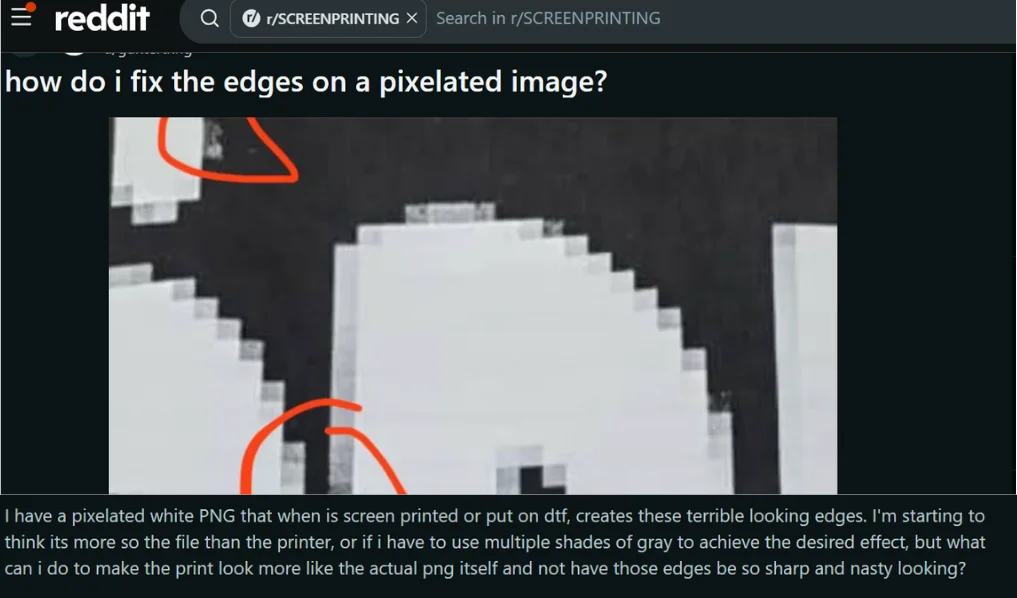 Pixelated PNG causing rough edges in screen printing and DTF production. Pixelated PNG causing rough edges in screen printing and DTF production.