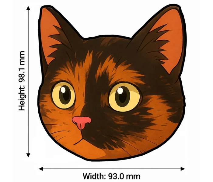 Cat logo artwork showing embroidery design dimensions of 98.1 mm height and 93.0 mm width. Cat logo artwork showing embroidery design dimensions of 98.1 mm height and 93.0 mm width.