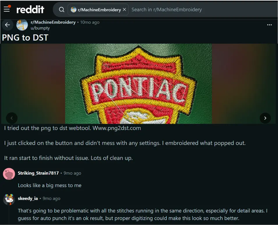 A Reddit user shares a poor embroidery stitch-out from an online PNG to DST converter.