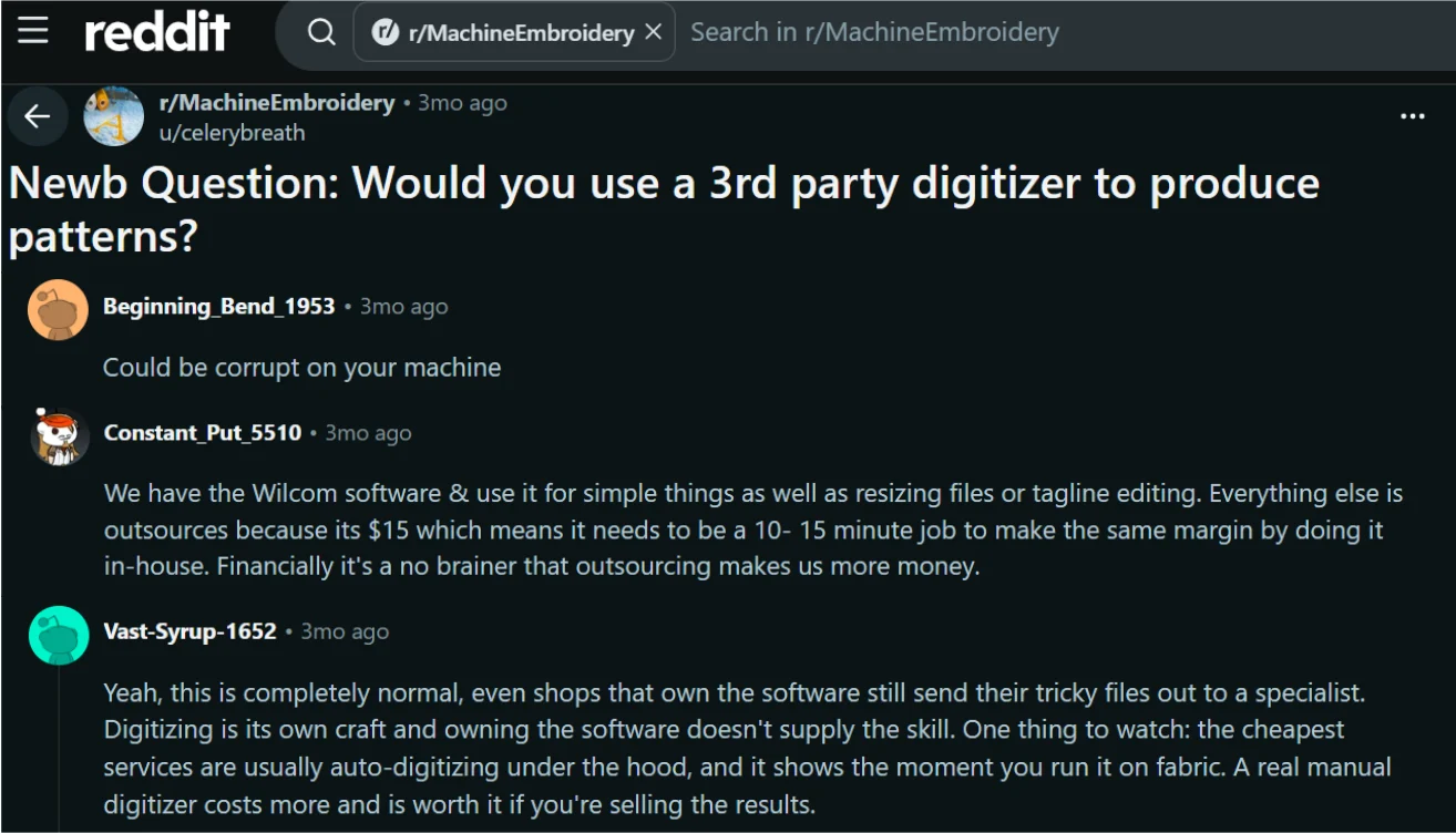 Reddit discussion comparing in-house embroidery digitizing costs with outsourcing to professional digitizers.