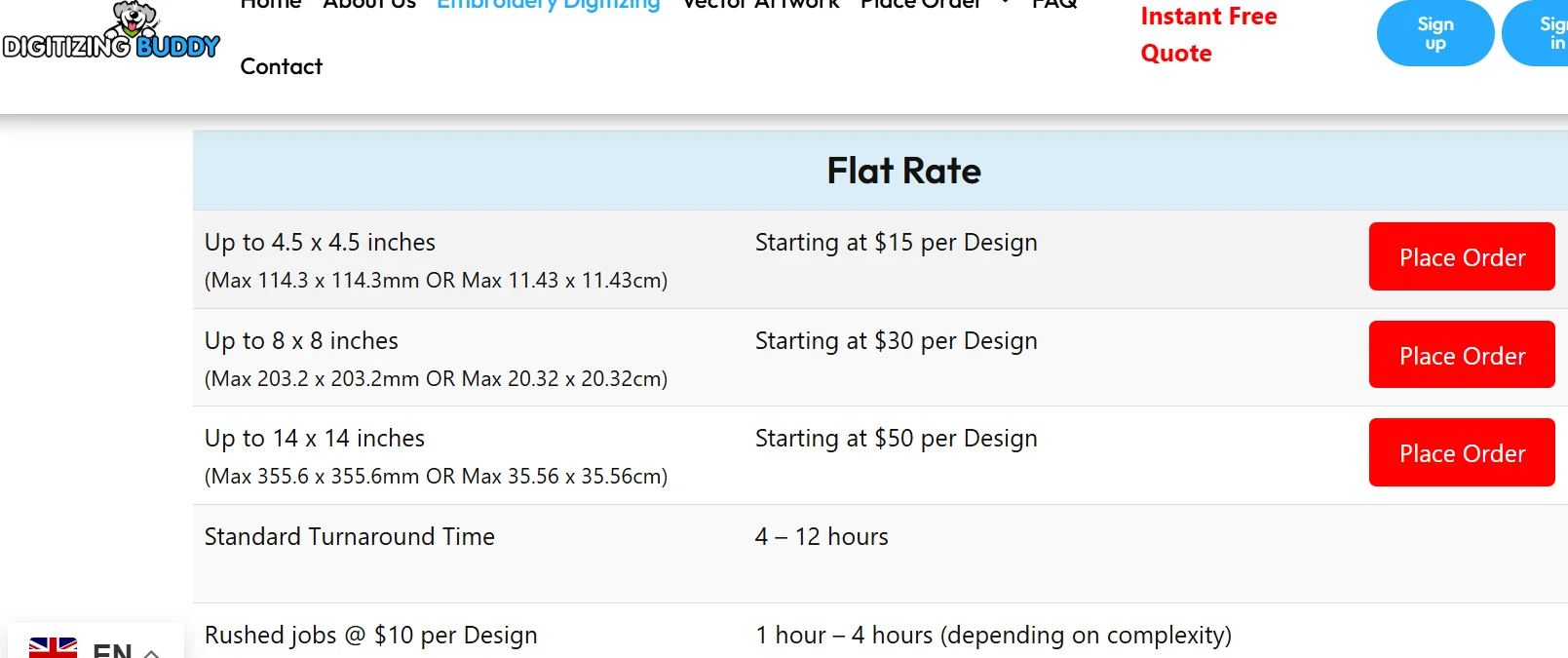Digitizing Buddy embroidery digitizing pricing table showing design sizes, flat rates, and Place Order buttons. Digitizing Buddy embroidery digitizing pricing table showing design sizes, flat rates, and Place Order buttons.