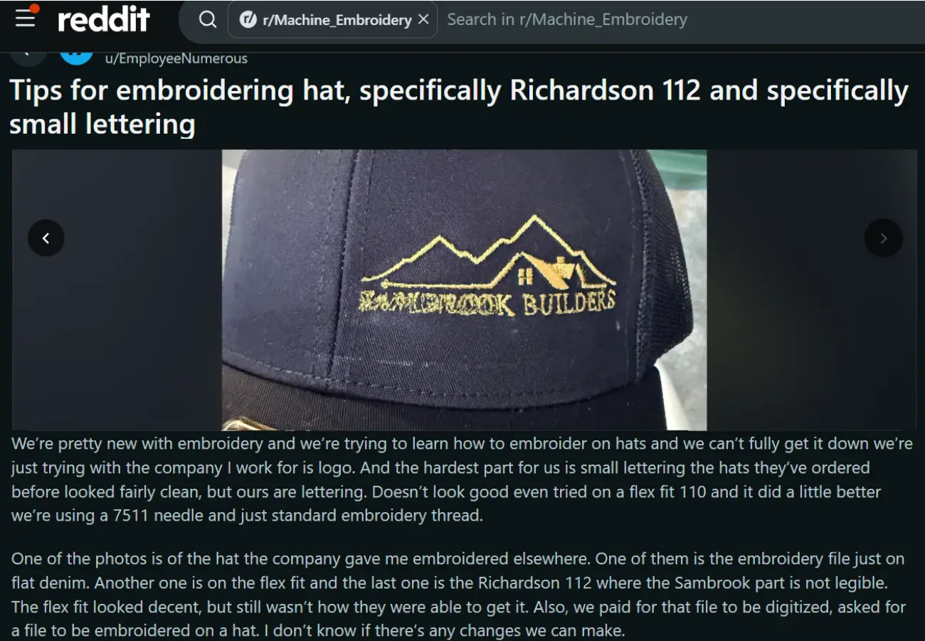 Small embroidery lettering problem on a Richardson 112 cap shared by a Reddit user. Small embroidery lettering problem on a Richardson 112 cap shared by a Reddit user.