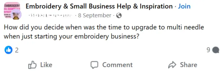 Facebook discussion about the right time to upgrade to a multi-needle embroidery machine for a small business.