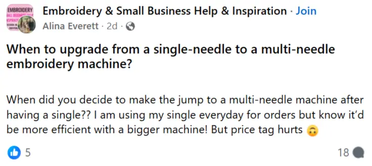 A Facebook user asks when to upgrade from a single-needle to a multi-needle embroidery machine.